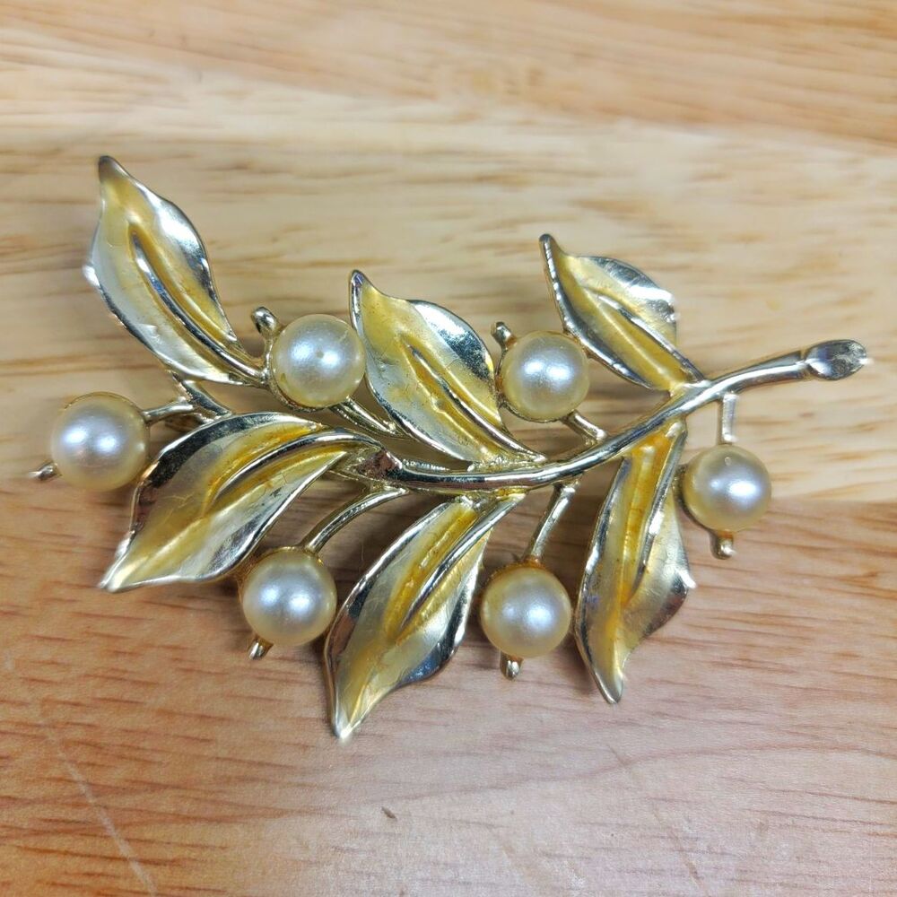 Leaf Branch Brooch Pin Faux White Pearls Gold & Silver Tone 2.5 in